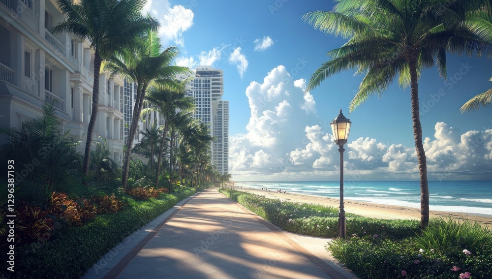 Sunny boardwalk path alongside beach, palm trees, and buildings. Sunny boardwalk path alongside beach, palm trees, and buildings.