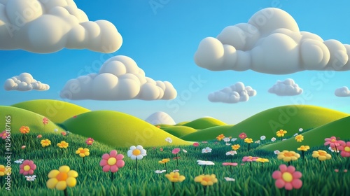 A whimsical 3D illustration of a cartoon landscape with green hills, white clouds, colorful flowers, and a bright blue sky.