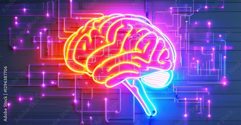 Fototapeta premium Neon sign cybernetic consciousness robotic brain forming glitchy digital patterns bright colorful realistic photo