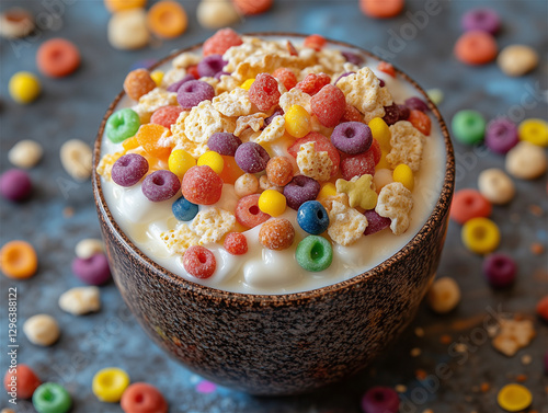 Sweet cereal with candies and milk for food photography photo