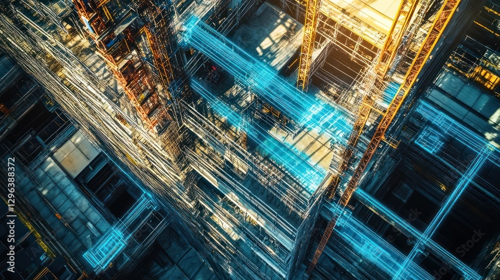 Fototapeta premium Aerial view of futuristic city construction, digital data streams, glowing lines, technological progress