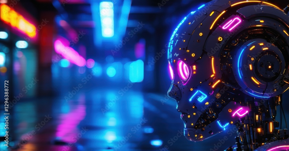Neon sign cybernetic vision robotic face bright glowing eyes data streams running its circuits colorful realistic photo Neon sign cybernetic vision robotic face bright glowing eyes data streams running its circuits colorful realistic photo