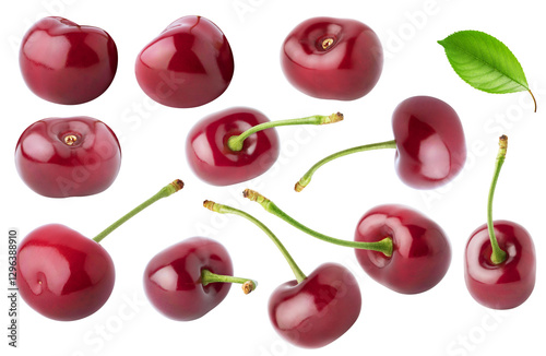 Isolated cherries. Collection of various glossy cherry fruits with stems and without, with leaf isolated on white background