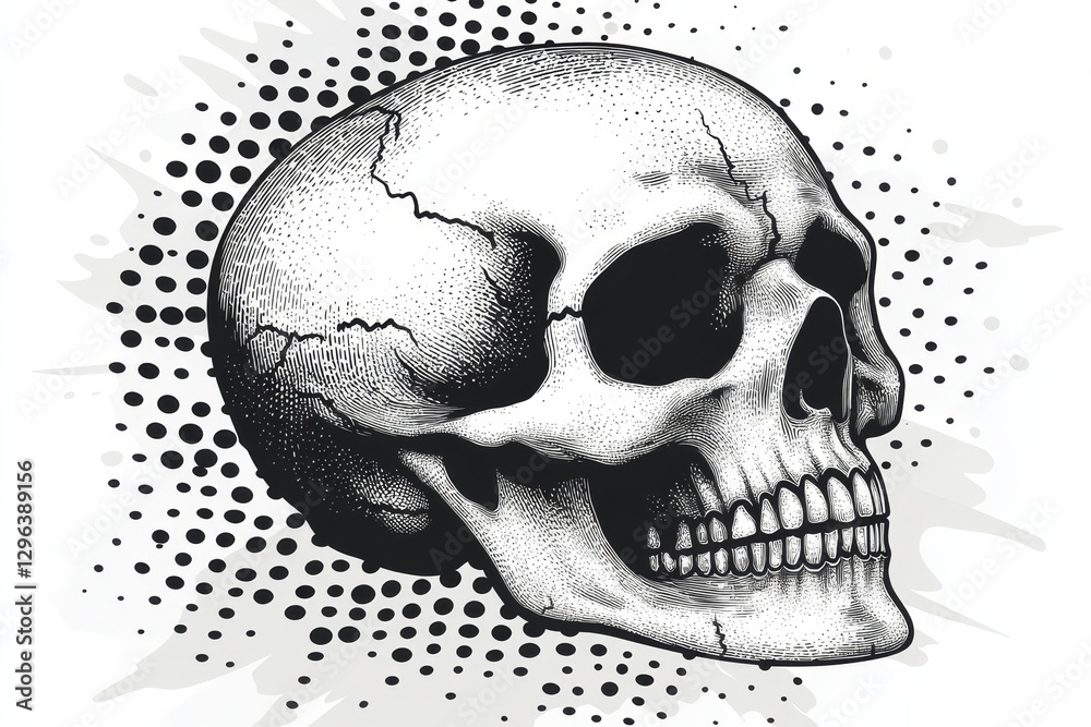 Obraz premium Detailed black and white illustration of a human skull showcasing anatomical features and textures