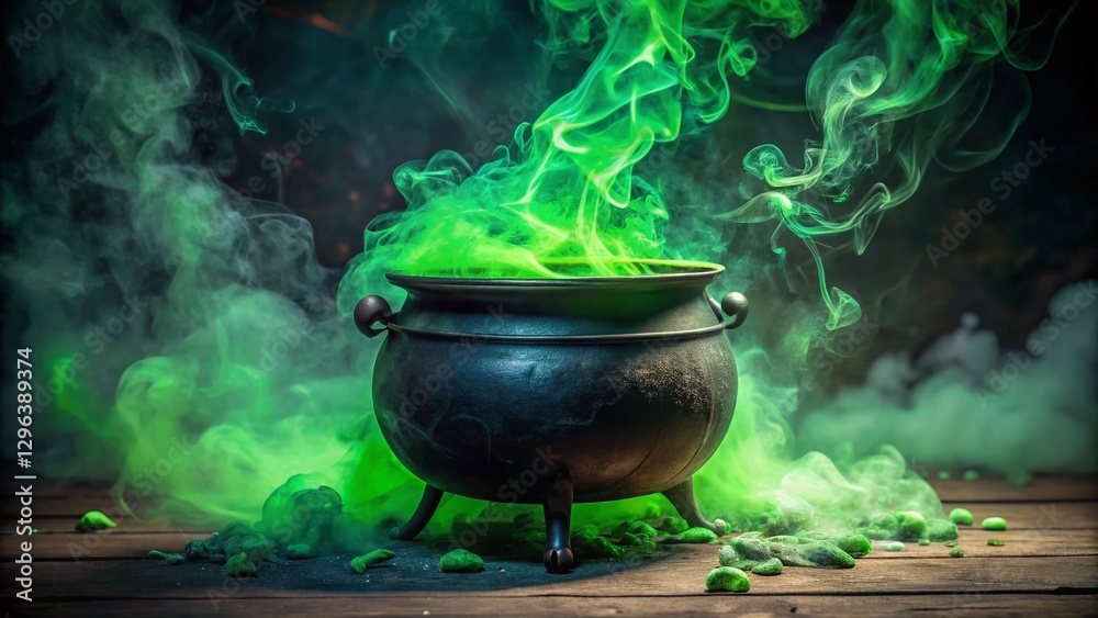 Eerie Green Potion Steaming from Black Cauldron - Mystical Documentary Style Stock Photo Eerie Green Potion Steaming from Black Cauldron - Mystical Documentary Style Stock Photo