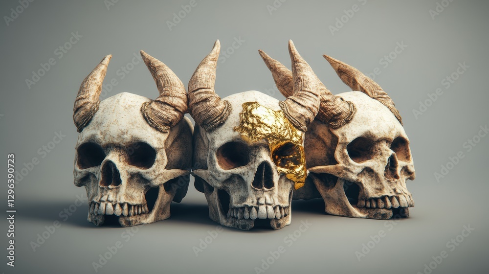 Naklejka premium Three animal skulls with horns arranged on a flat surface in a natural lighting setting