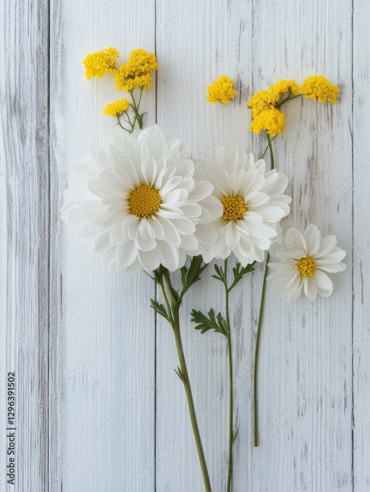 Obraz premium white chrysanthemum and yellow coltsfoot on white wooden background