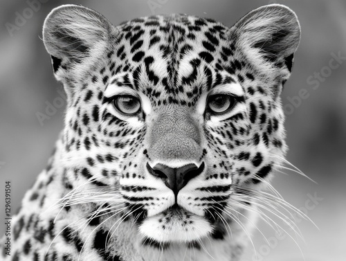 A close-up image of a leopard's face, showing its distinct facial markings and sharp features.