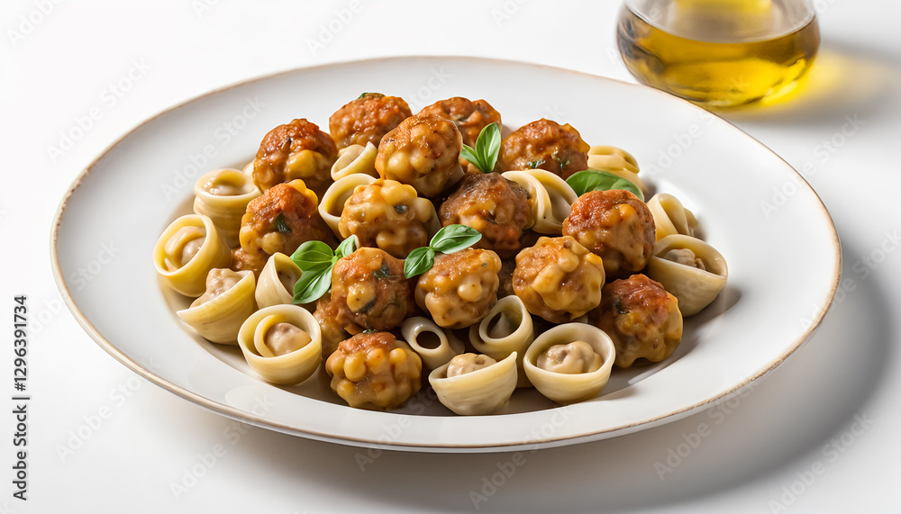 Delicious Pasta Dish with Meatballs and Fresh Herbs on a Plate