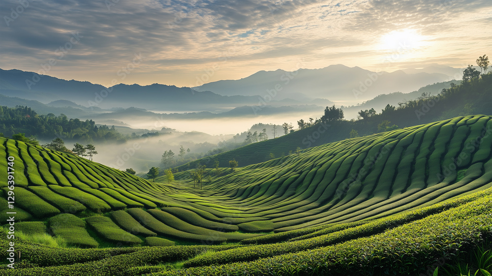 秋の朝靄 – 光に包まれる茶畑の静寂 秋の朝靄 – 光に包まれる茶畑の静寂