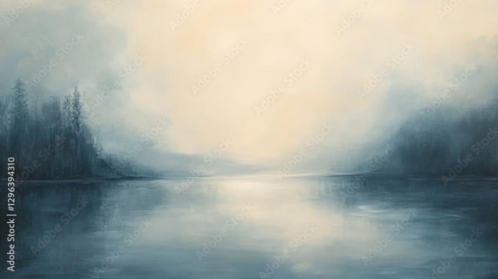 Fototapeta premium An atmospheric landscape depicts water with forested shoreline and hazy light