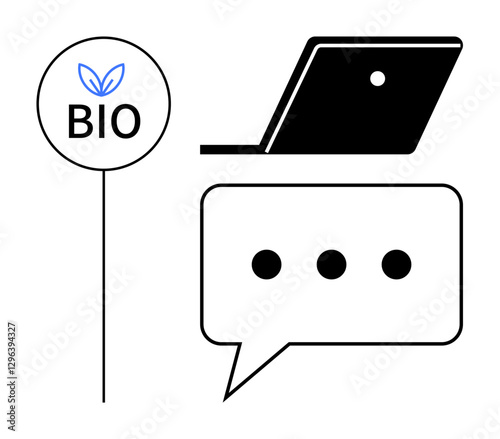 Laptop, speech bubble with ellipsis, bio label with leaf. Ideal for sustainability, technology, communication, eco-friendly, digital conversations, environmental awareness online interaction themes