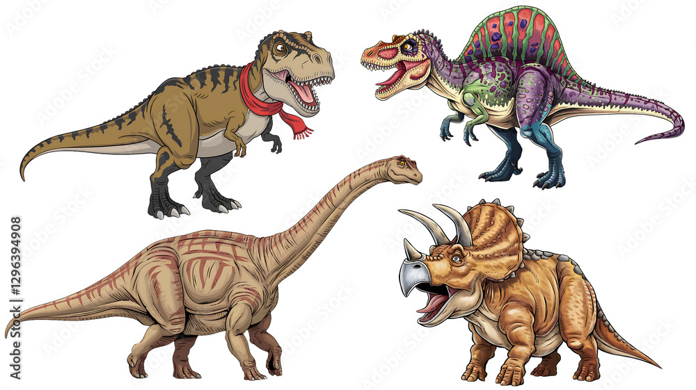 Obraz premium Pack of four dinosaurs including t-rex, brachiosaurus, triceratops and spinosaurus 