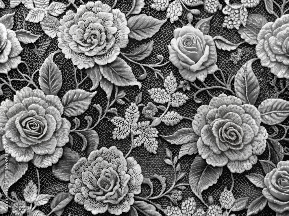 Fototapeta premium Elegant Black & White Rose Lace Pattern: Vintage Floral Textile Design
