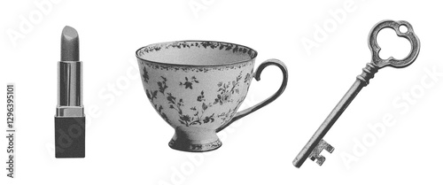 Set of elegant photocopy subjects. Elegant floral porcelain tea cup on white background. Key isolated on white isolated background in retro vintage style.