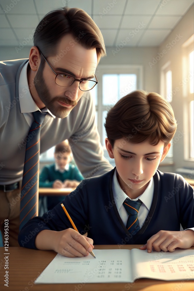 A teacher helping a student solve a complex calculus problem in class. A teacher helping a student solve a complex calculus problem in class.