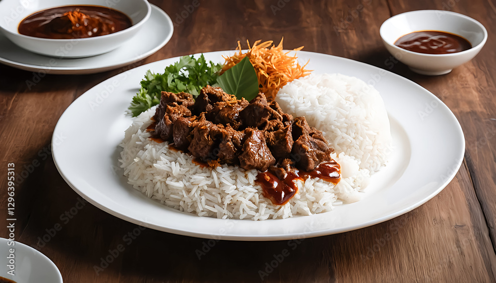 Delicious Beef Rendang with Rice on Wooden Table Setting Delicious Beef Rendang with Rice on Wooden Table Setting