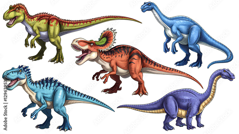 Fototapeta premium Dinosaurs png pack with five different species of dinosaurs 
