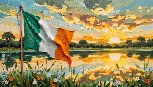 Irish flag reflecting in lake at sunrise, symbol of unity