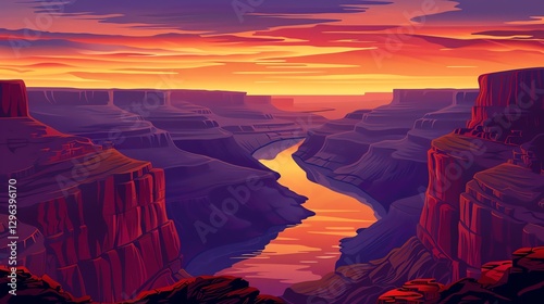 An illustration of the Grand Canyon with a river running through it at sunset.