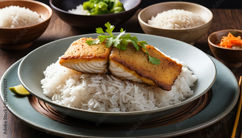 Delicious Grilled Fish Fillet Served on White Rice with Sides Delicious Grilled Fish Fillet Served on White Rice with Sides