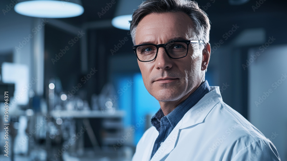 Portrait of a middle-aged scientist with glasses and neatly combed hair, wearing a white lab coat, working in a high-tech laboratory with futuristic equipment Portrait of a middle-aged scientist with glasses and neatly combed hair, wearing a white lab coat, working in a high-tech laboratory with futuristic equipment