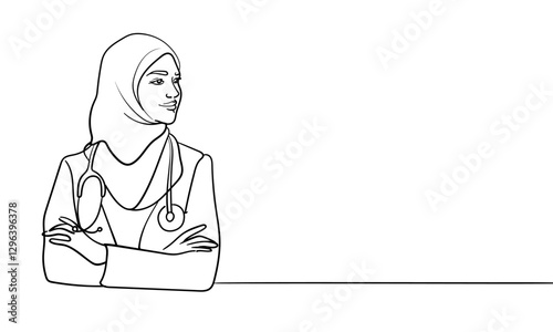 Young muslim doctor woman in burqa, continuous line art drawing. Vector illustration isolated on white background 