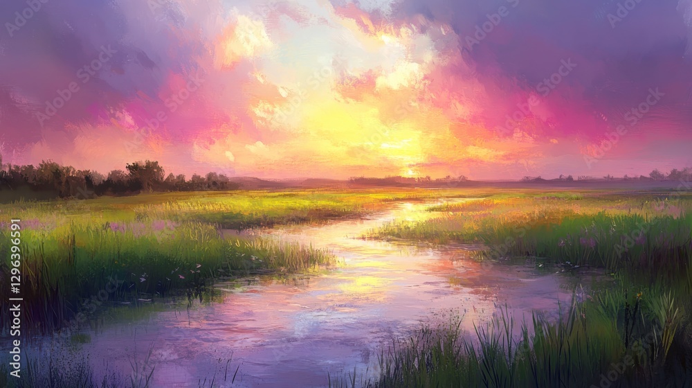 Serene Dawn Landscape with River and Soft Colors Serene Dawn Landscape with River and Soft Colors
