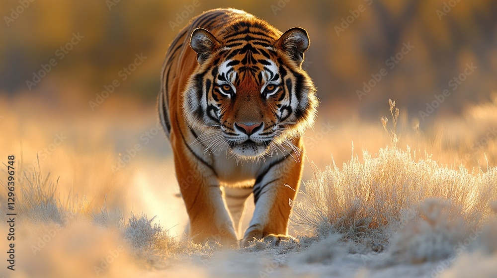 Fototapeta Majestic tiger walking towards camera in golden light.