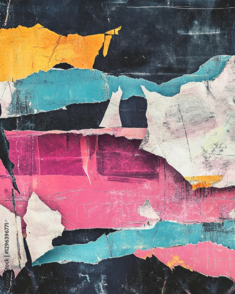 Naklejka premium Colorful abstract layers of torn paper creating a vibrant texture on a wall. Generative AI