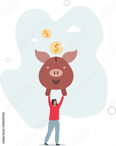 Frugality, savings for prosperity or financial success, building wealth or thrifty, budgeting or cut spending to save money for future concept.flat character life .