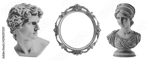 Set of photocopy antique elements. White marble head of young man. Sculpture on the isolated background. . Frame border circle shape in vintage style