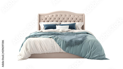 double bed with pillows on transparent background. bedroom interior.