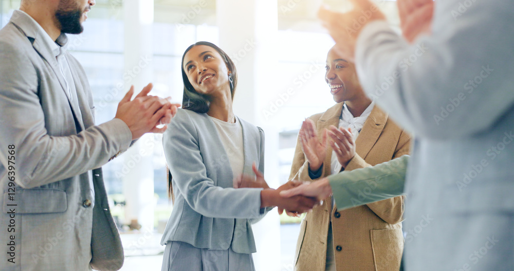 Obraz premium Business people, handshake and applause in teamwork for hiring, promotion or b2b deal at office. Happy woman shaking hands with group clapping in team recruiting, meeting or agreement at workplace
