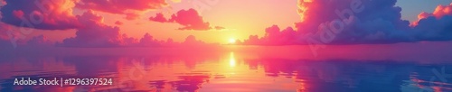 Abstract sunrise, vibrant sky colors reflecting on calm ocean, texture, reflection, magical