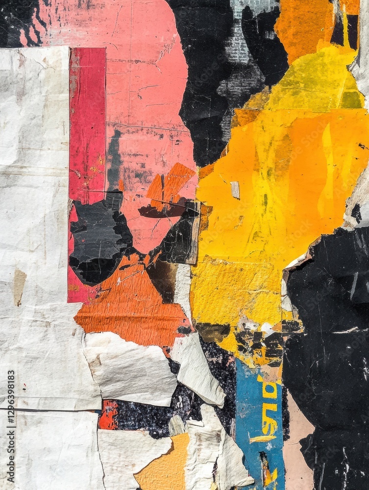 Fototapeta premium Colorful layers of torn paper creating an abstract art piece in an urban setting during daylight. Generative AI