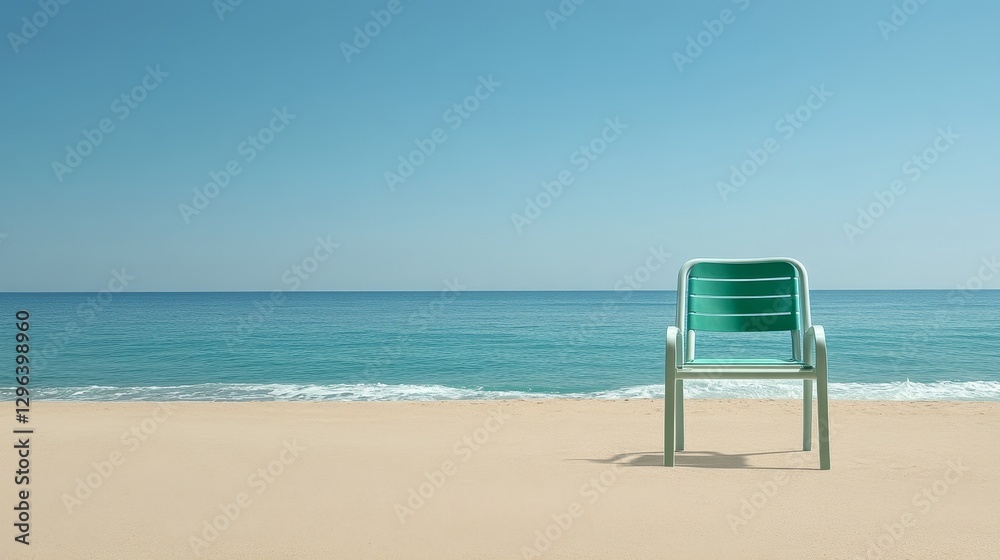 Serene Beach Chair Solitude - A single teal chair sits on a sandy beach, facing a calm ocean under a clear blue sky. Peaceful and tranquil scene Serene Beach Chair Solitude - A single teal chair sits on a sandy beach, facing a calm ocean under a clear blue sky. Peaceful and tranquil scene
