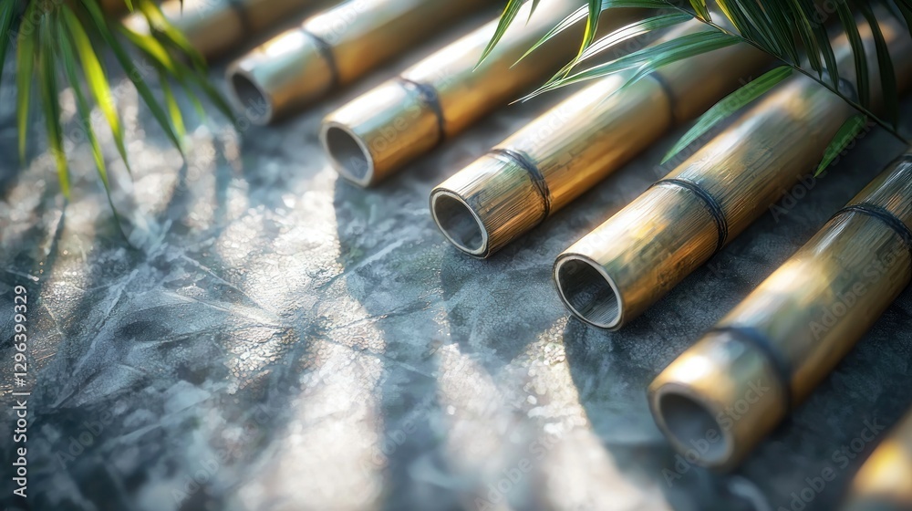 Fototapeta premium Golden Bamboo Pipes on Stone Pathway with Tropical Foliage