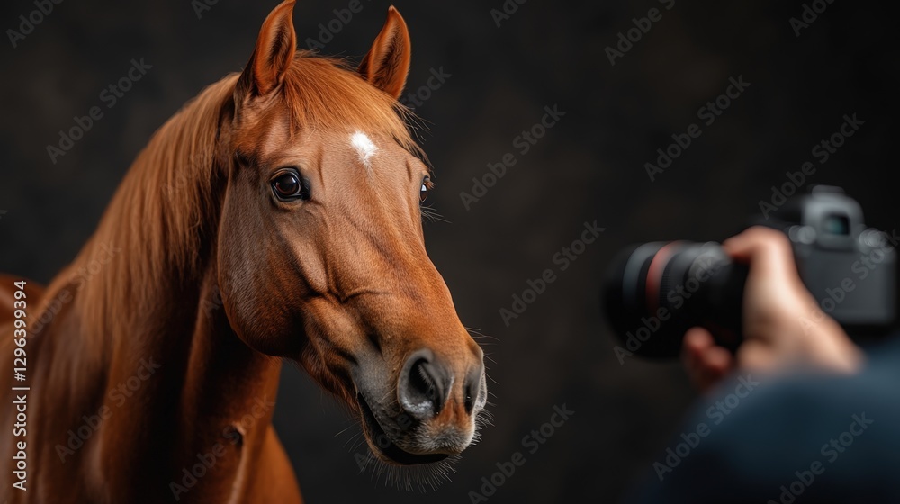 Fototapeta premium This striking image showcases a close-up portrait of a beautiful brown horse, highlighting its features against a dark background, creating a captivating visual experience for viewers.