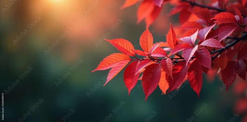 Crimson leaves densely packed on a branch, tranquil background , oak, woodland, fiery Crimson leaves densely packed on a branch, tranquil background , oak, woodland, fiery