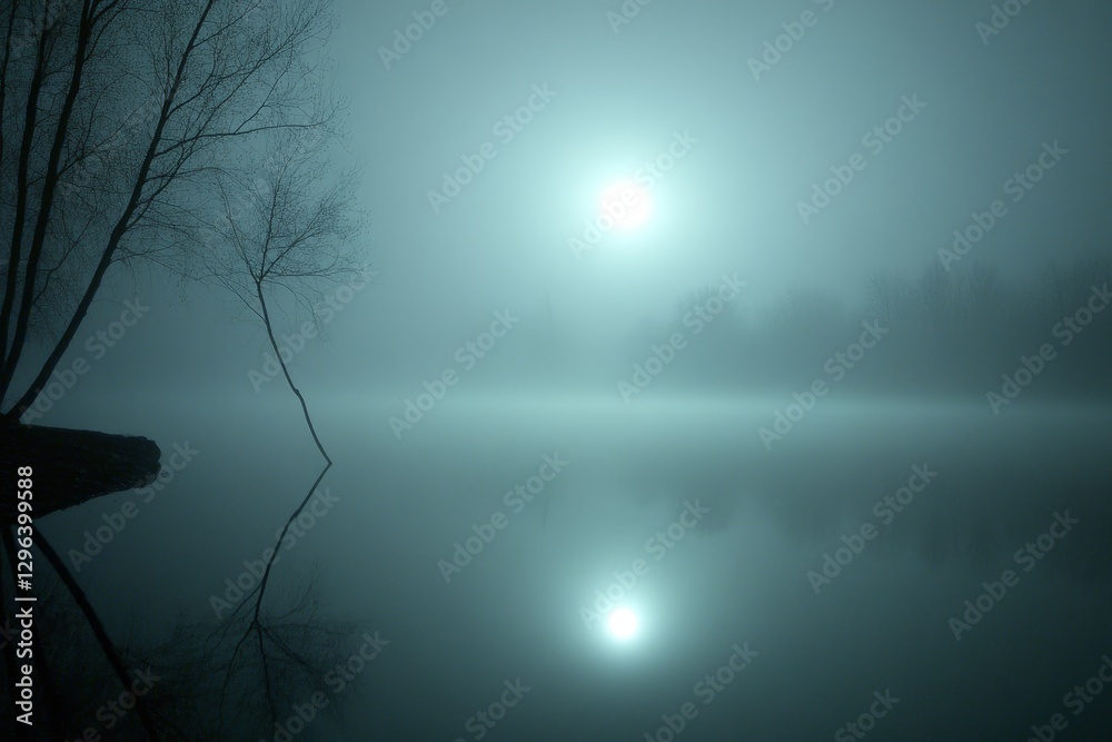 Fototapeta premium Serene Foggy Lake at Dawn - A tranquil scene of a misty lake at sunrise, with bare trees reflected in the still water. The sun is partially visible through the fog