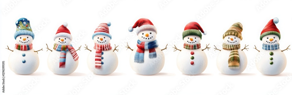 A set of snowmen with scarves and hats, isolated on a white background A set of snowmen with scarves and hats, isolated on a white background