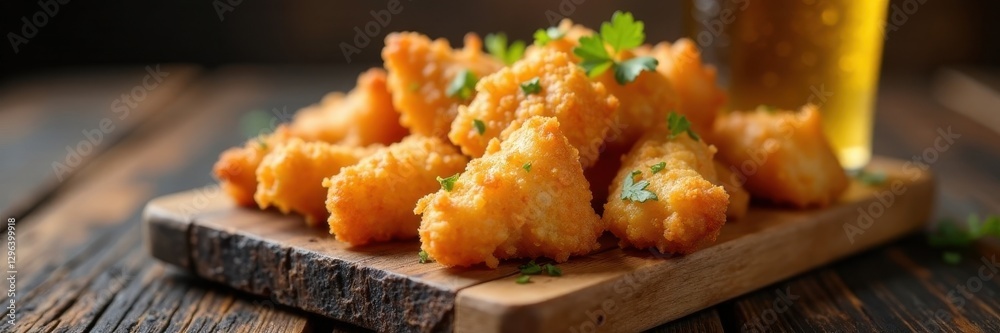 Crispy beer-battered snacks on rustic wooden tray, pub snacks, bar snacks Crispy beer-battered snacks on rustic wooden tray, pub snacks, bar snacks