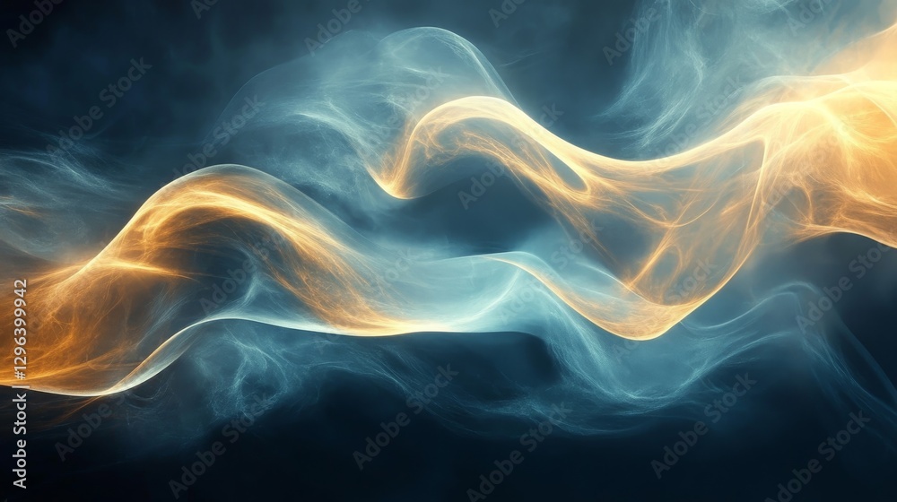 Fototapeta premium Swirling abstract waves of gold and blue fill the dark space