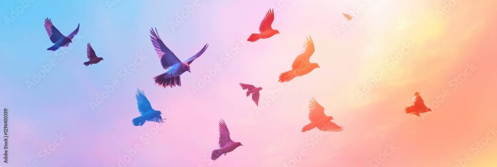Naklejka premium Birds flying above a colorful sky during sunset over a tranquil landscape. Generative AI
