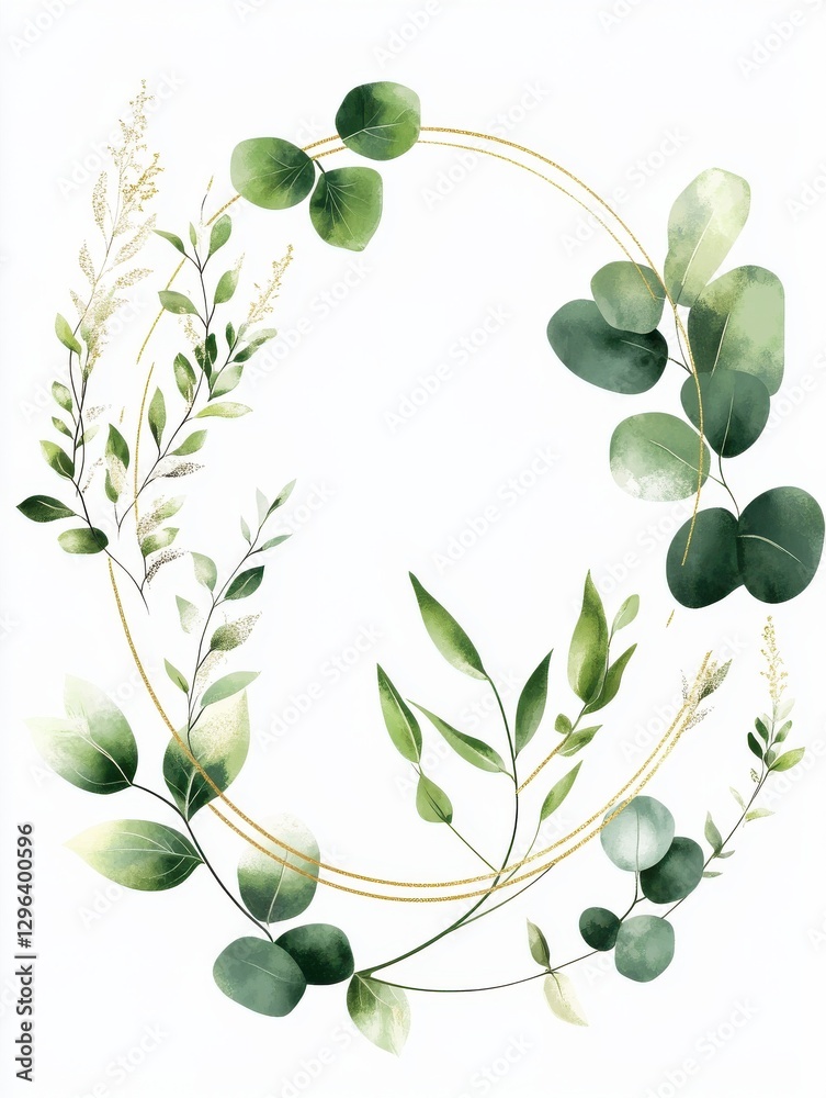 Obraz premium Luxury botanical gold wedding frame elements on white background. Set of circle shapes, glitters, eucalyptus leaves, leaf branches. Elegant foliage design for wedding, card, invitation, greeting.