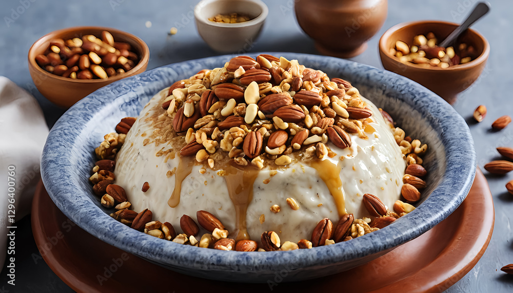 Fototapeta premium Nourishing Yogurt Bowl with Granola Nuts and Honey Drizzle