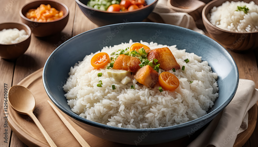 Delicious Bowl of Rice Topped with Citrus and Savory Pieces Delicious Bowl of Rice Topped with Citrus and Savory Pieces
