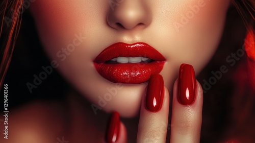 A vision of beauty unfolds as a captivating young woman displays her vibrant red manicure, perfectly complemented by glossy lips that shimmer like ruby jewels. The image exudes femininity and the
