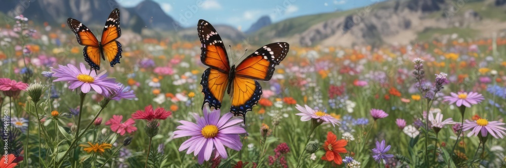 Naklejka premium Vibrant wildflowers sway gently in the breeze as colorful butterflies flit about their delicate petals, summer, colorful wildflowers, scenery
